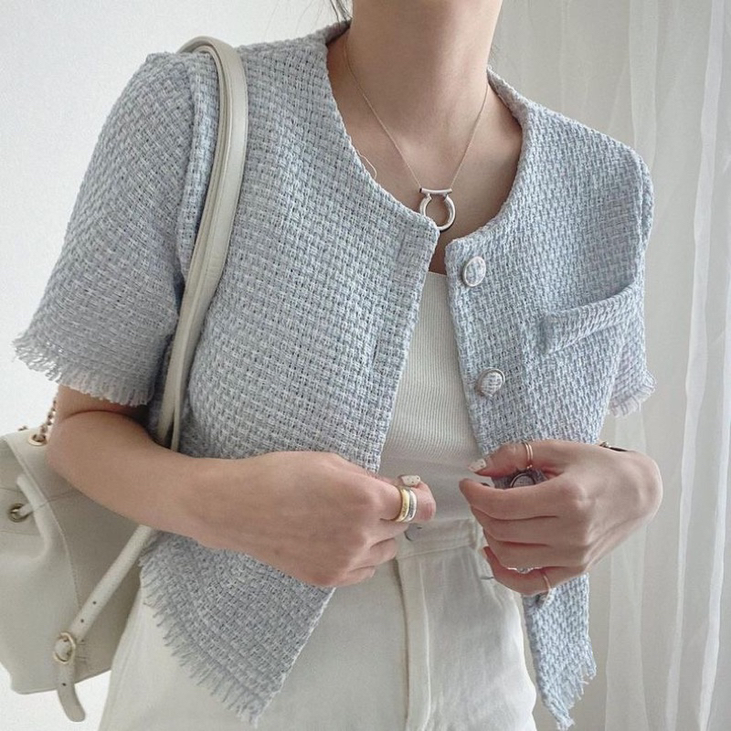 ÁO DẠ TWEED DÁNG NGẮN VIỀN TUA RUA HÀN QUỐC
