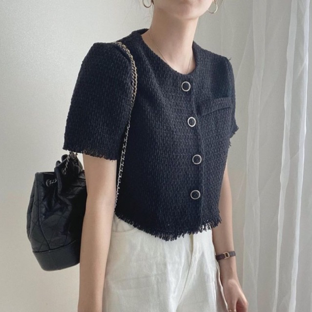 ÁO DẠ TWEED DÁNG NGẮN VIỀN TUA RUA HÀN QUỐC