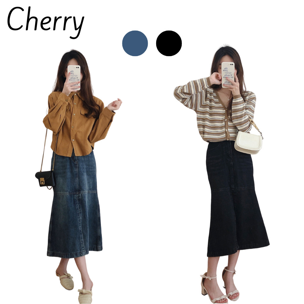 Chân váy jean nữ dáng đuôi cá xẻ tà giữa CHERRY phong cách hàn quốc, chân váy bò đuôi cá cạp cao dễ phối đồ T067 | BigBuy360 - bigbuy360.vn