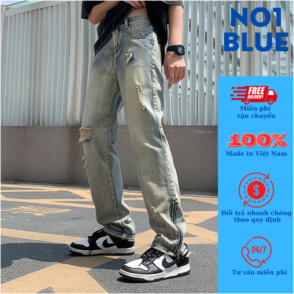 Quần jean nam rách ống đứng khóa kéo phong cách cá tính đường phố-NO1 BLUE-Quần baggy nam chất bò vải đẹp ống suông mới