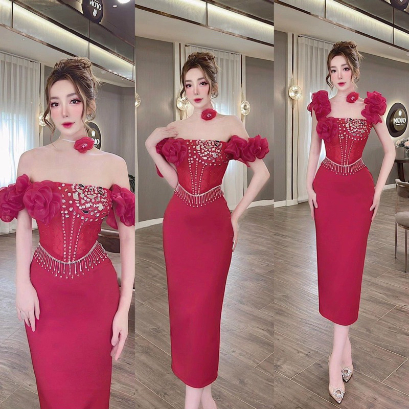 Đầm body dạ hội dự tiệc kết cườm đá gương TRIPBLE T DRESS tặng kèm hoa cổ - size S/M/L - MS295Y