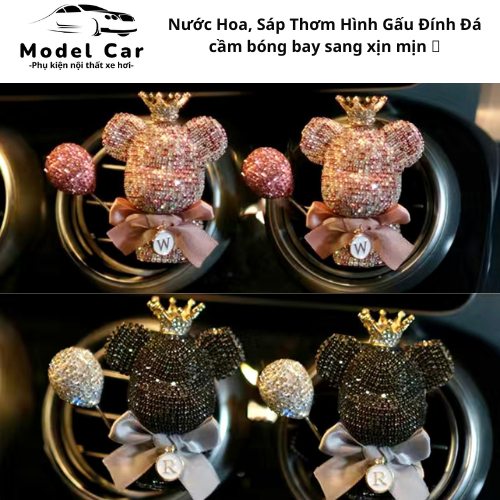 Nước Hoa, Sáp Thơm Hình Gấu Đính Đá cầm bóng bay sang xịn mịn trang trí xe ô tô Tặng kèm Sáp Thơm