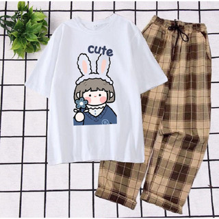 Sét Quần Áo Nữ MEO Fashion Mặc Đi Chơi Áo Phông Cotton Mát Mịn In Bé Cute Hoạt Hình Phong Cách Hàn Quốc