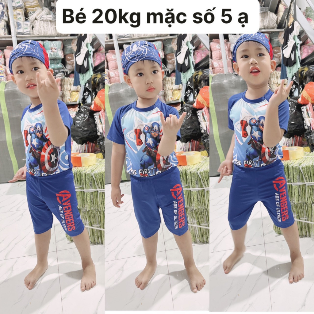 SALE BỘ ĐỒ BƠI SIÊU NHÂN CHO BÉ TRAI KÈM MŨ  SIZE 8-35KG(BOISN)