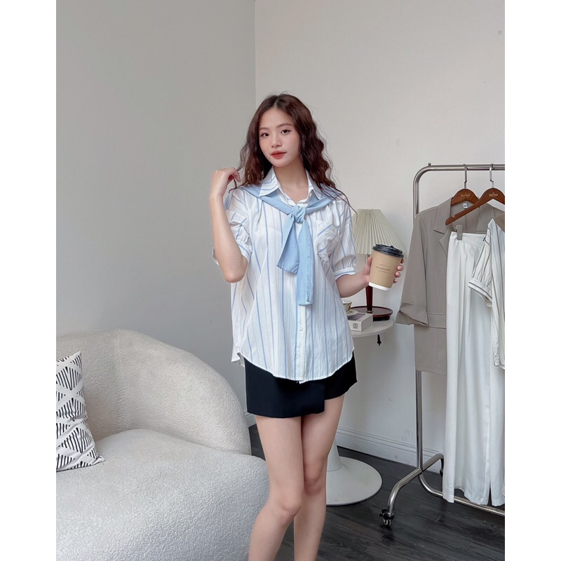 Áo sơ mi nữ kẻ sọc cổ đức vạt khăn tay cộc a238602 by germe