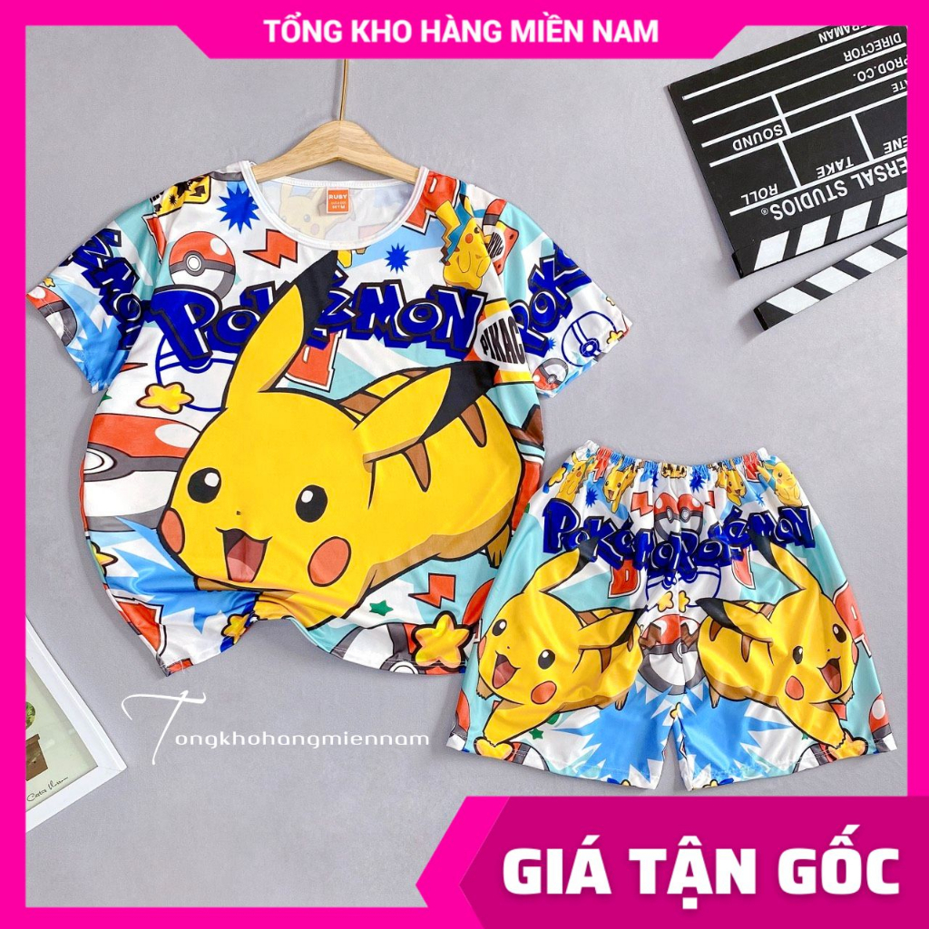 Đồ bộ thun đùi cho bé size đến 70kg chất thun mềm mát in hình Pikachu hoạt hình dễ thương Bộ gia đình DBRBD FULL SIZE