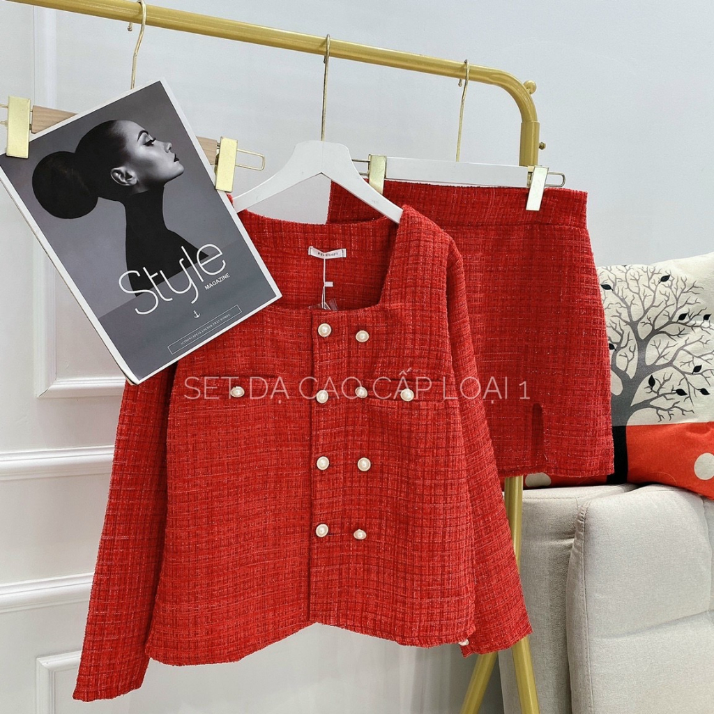 Set Dạ Đỏ 28May Cúc Ngọc Thêu Tay Bao Gồm Áo Và Chân Váy Hàng Loại 1