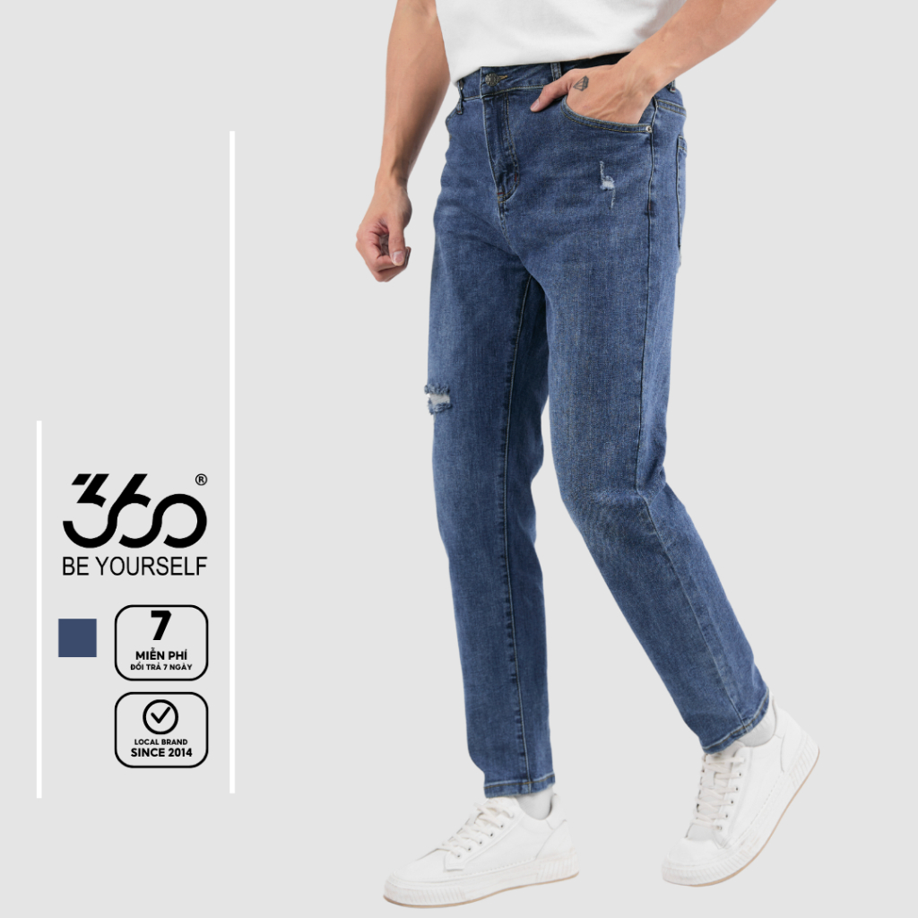 Quần jean nam rách màu xanh navy thương hiệu 360 Boutique form slim trẻ trung - QJDTK402