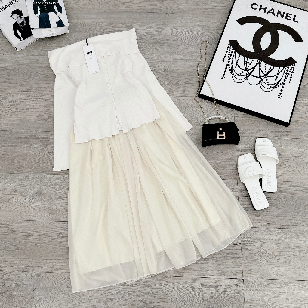 Set Áo Len Tăm Trễ Vai Cúc Cài 28May Mix Chân Váy Voan Tơ Hai Lớp Màu Be