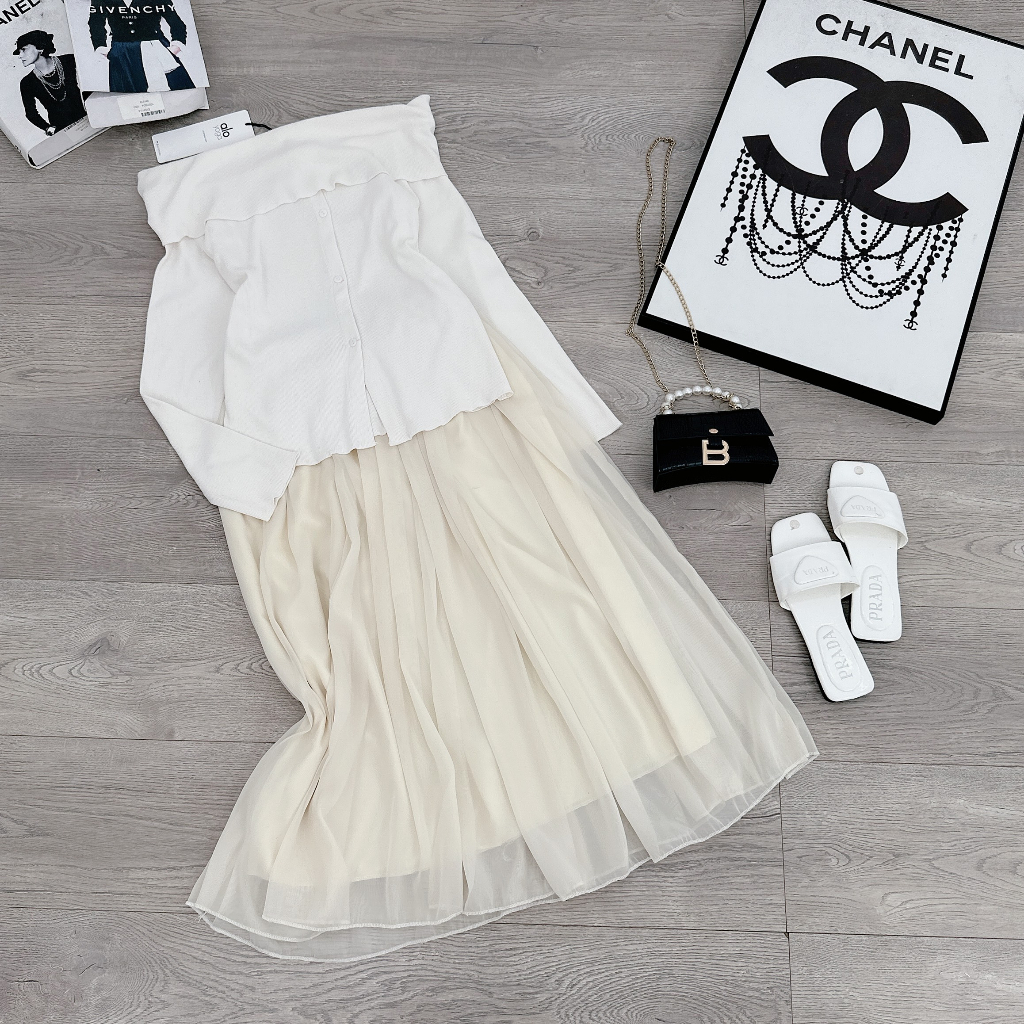 Set Áo Len Tăm Trễ Vai Cúc Cài 28May Mix Chân Váy Voan Tơ Hai Lớp Màu Be