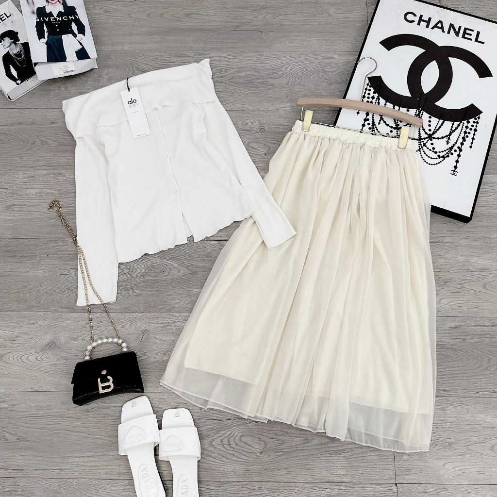 Set Áo Len Tăm Trễ Vai Cúc Cài 28May Mix Chân Váy Voan Tơ Hai Lớp Màu Be