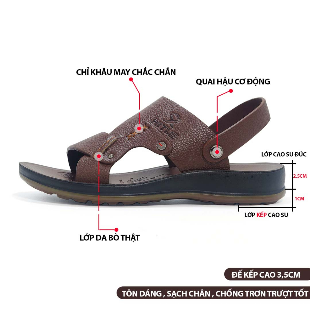 Dép quai hậu nam HT.NeO ,Sandal nam da bò đế kếp cao su tăng chiều cao êm mềm đi nước đi mưa thoải mái  thoáng mát HT854