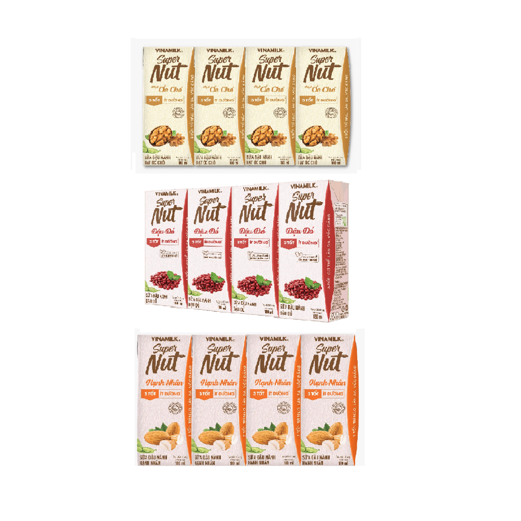 Sữa đậu nành Vinamilk SUPER NUT Óc chó / Hạnh nhân / Đậu đỏ - Lốc 4 hộp x 180ml - Ít đường