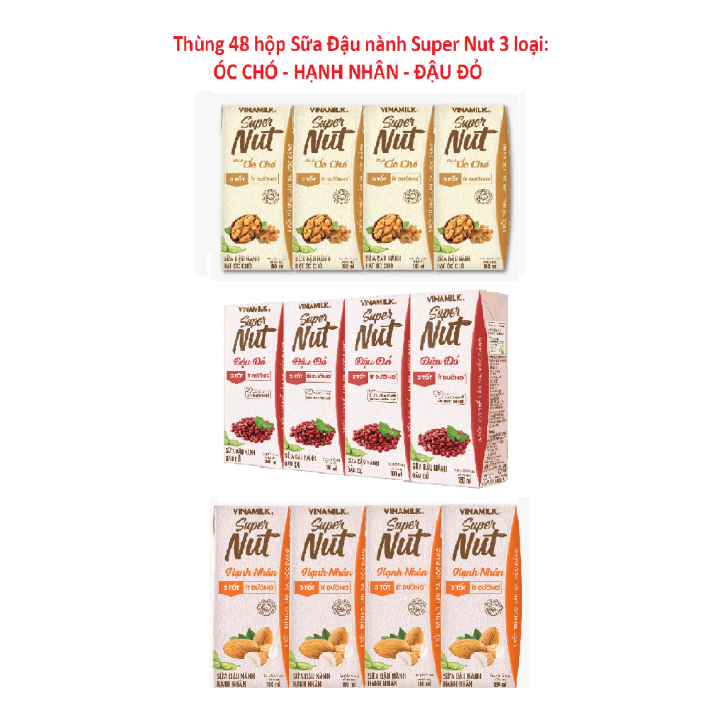 Thùng 48 hộp - Sữa đậu nành Vinamilk SUPER NUT Óc chó/ Hạnh nhân/ Đậu đỏ - Ít đường