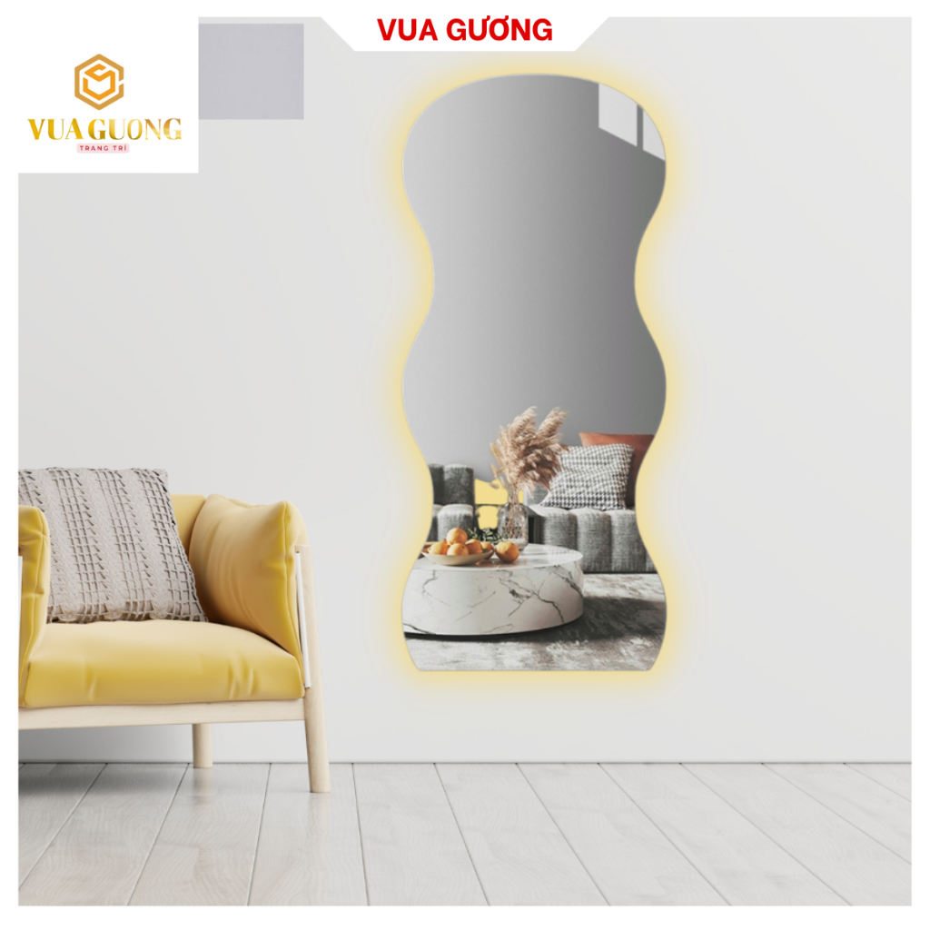 Gương toàn thân hình lượn sóng VUA GƯƠNG decor phòng khách, phòng ngủ, cửa hàng có led cảm ứng (Full phụ kiện)