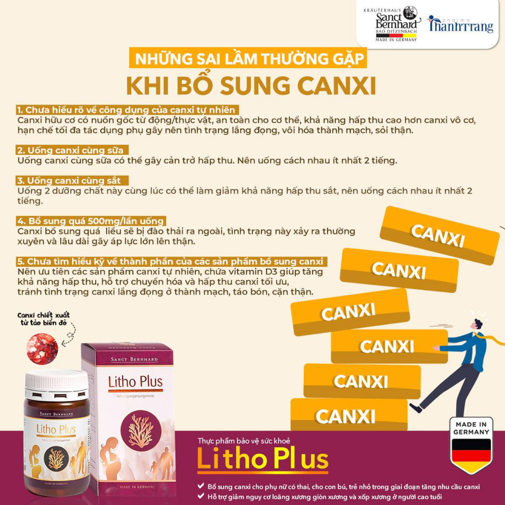 Combo 2 hộp Viên uống bổ sung canxi hữu cơ tảo biển đỏ Sanct Bernhard Litho Plus không nóng phù hợp với phụ nữ có thai