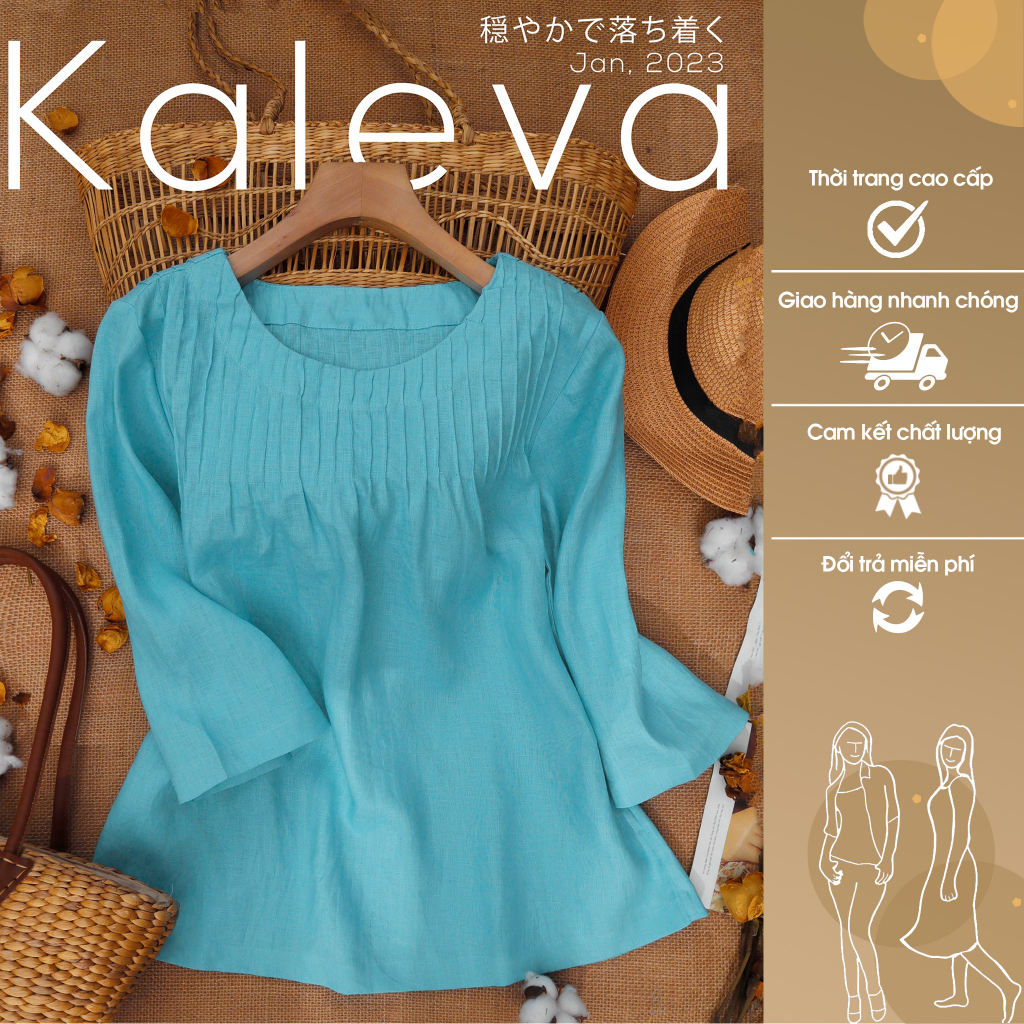 Áo Linen phối ly KALEVA thời trang nữ cao cấp. Áo kiểu nữ màu xanh da trời nhẹ nhàng thiết kế sang trọng