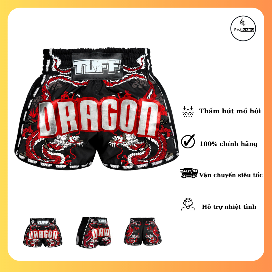Quần TUFF Muay Thai Boxing Shorts New Retro Style Black Chinese Dragon
