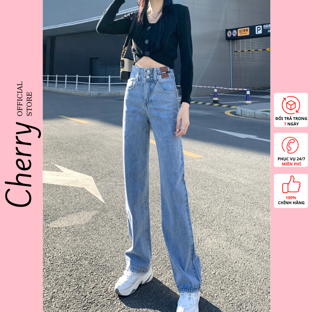 Quần jean nữ ống rộng CHERRY cạp cao siêu tôn dáng,quần bò ống rộng lưng cao 2 cúc hack chiều cao chất vải đẹp T070