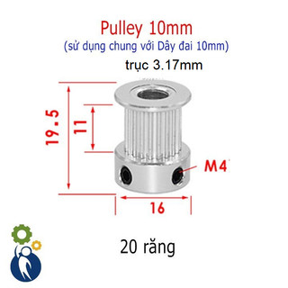 Buly, Puly, Pulley Trục 3.17mm - 20 Răng Đai 10, sử dụng với dây đai 2GT-10mm