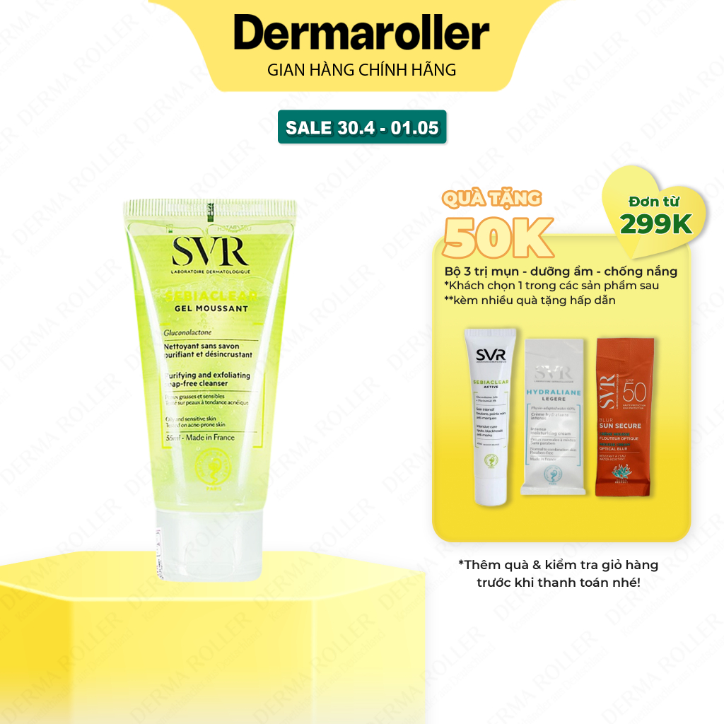 Sữa rửa mặt da dầu mụn SVR 𝐒𝐄𝐁𝐈𝐀𝐂𝐋𝐄𝐀𝐑 Gel Moussant 55mL