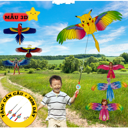 Diều cần câu 3d mini, diều cần câu cầm tay mini cho trẻ hoạ tiết hoạt hình kèm dây câu thả diều