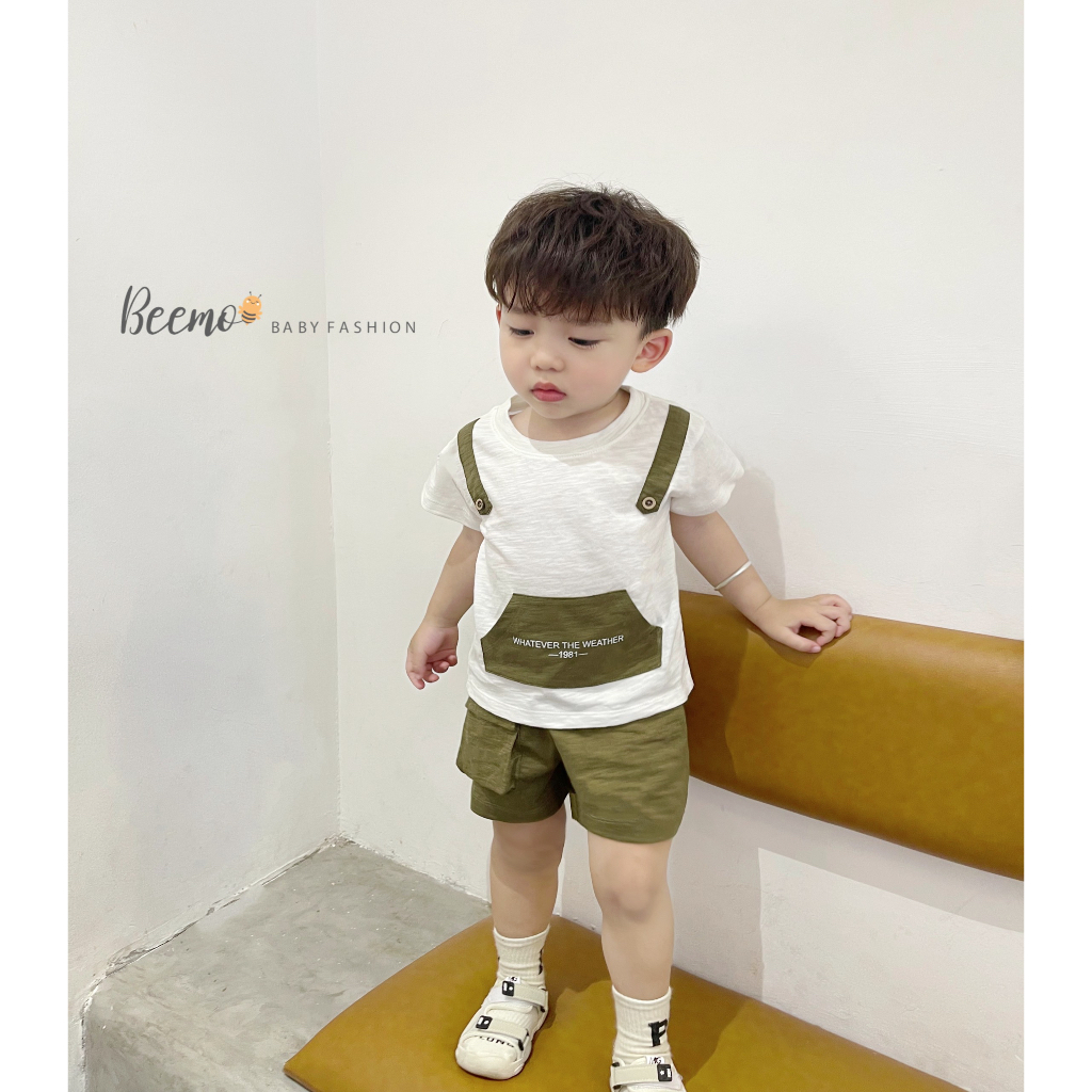 Bộ quần áo Cotton xược cho bé trai Beemo,chất liệu siêu thấm mồ hôi,thiết kế lạ mắt phối đai và túi trước bụng B311