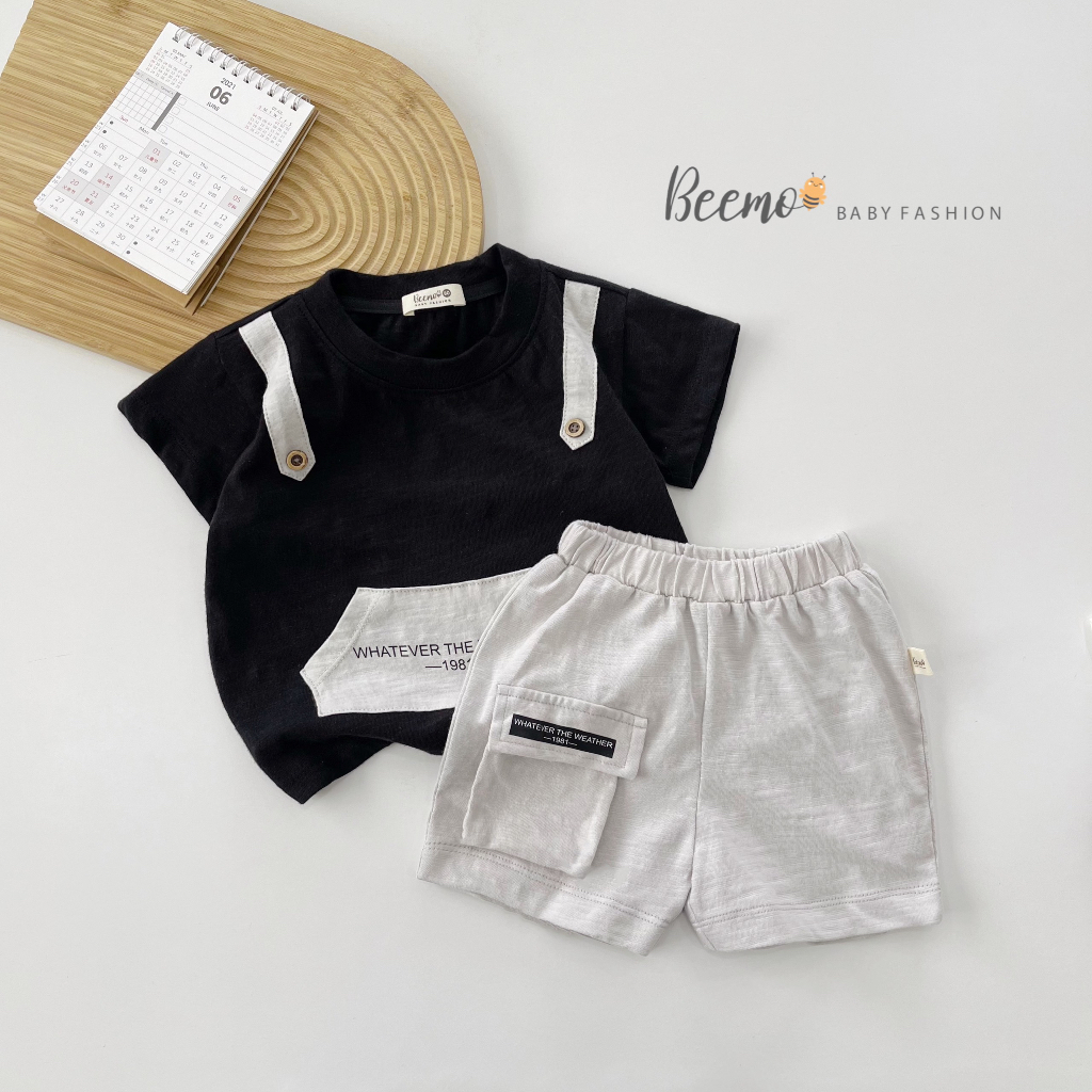 Bộ quần áo Cotton xược cho bé trai Beemo,chất liệu siêu thấm mồ hôi,thiết kế lạ mắt phối đai và túi trước bụng B311