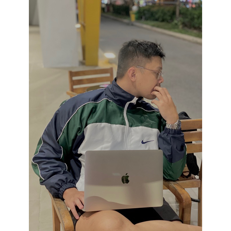 Áo Khoác Jacket Nike Vintage Xanh Viền Trắng Nam Nữ Vải Dù 2 Lớp Cao Cấp LBSAR