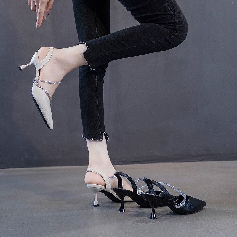 Giày cao gót phối dây đá gót nhọn 7cm Fom to lùi size - V7