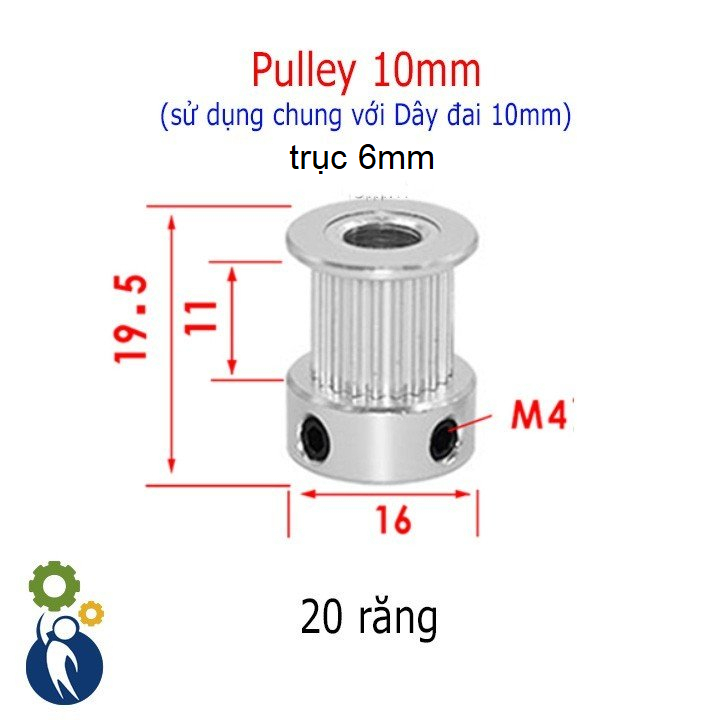 Pulley Trục 6mm - 20 Răng Đai 10, dùng dây đai 2gt-10mm