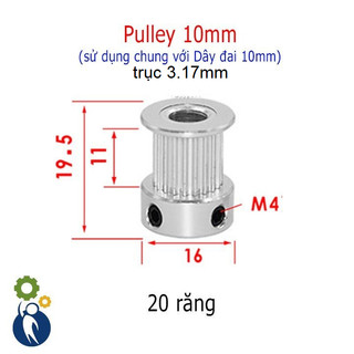 Pulley Trục 3.17mm - 20 Răng Đai 10, dùng dây đai 2gt-10mm
