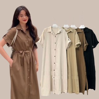 Váy sơ mi cổ bẻ dáng dài phối dây