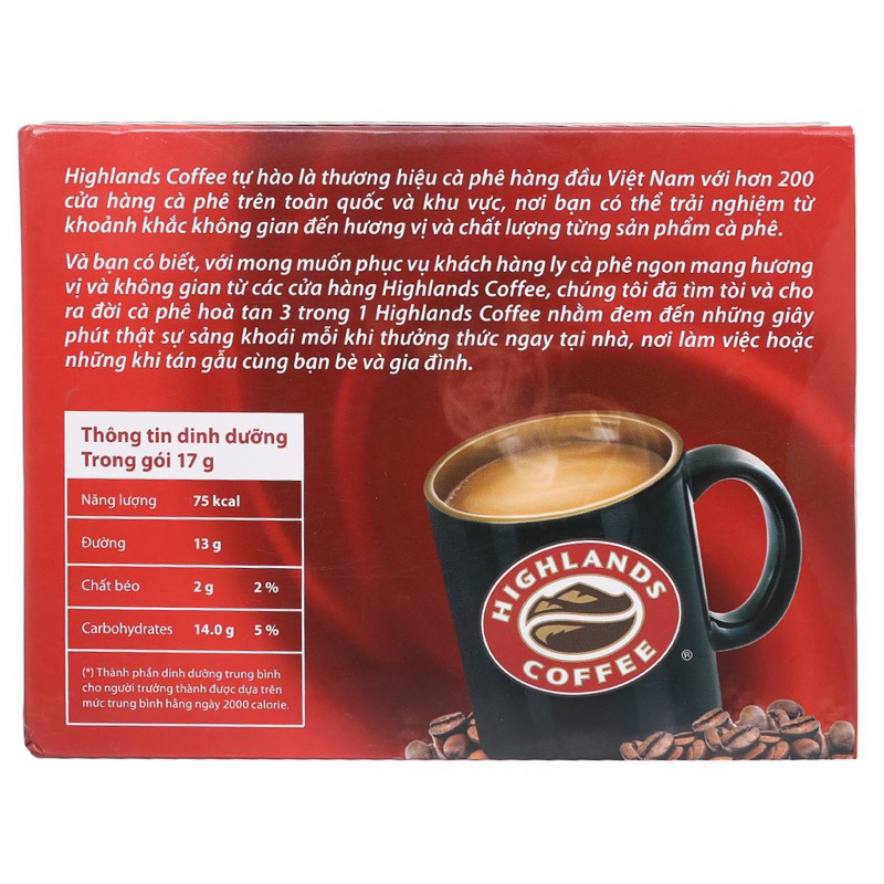 ☕️CAFE HIGHLANDS  HỘP LỚN 20 GÓI 340gr 3in1 HOÀ TAN VỊ ĐẬM ĐÀ