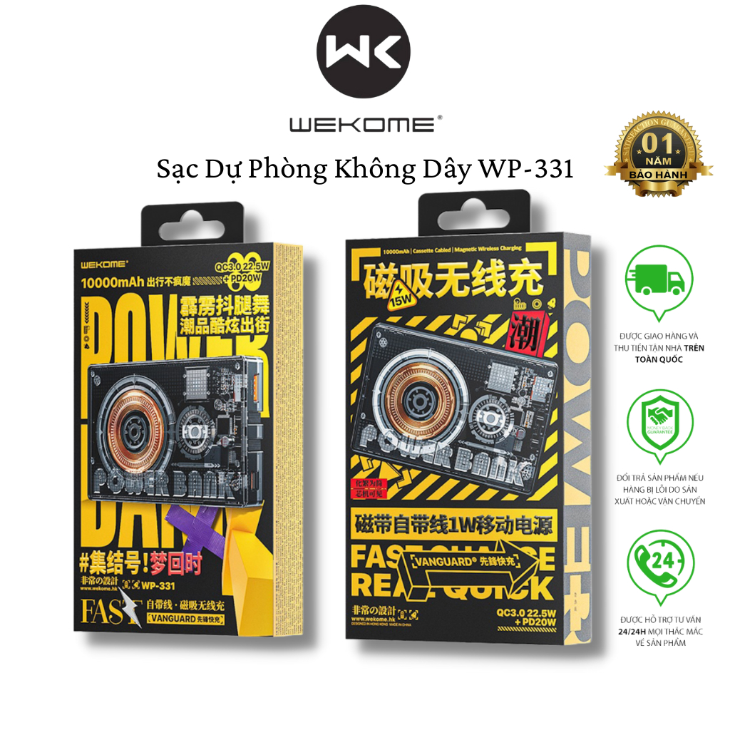 Sạc Dự Phòng Trong Suốt WEKOME WP-331 Kiêm Sạc Không Dây Tích Hợp Cáp Sạc