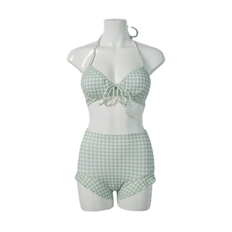 Bikini 2 mảnh LUHAZO đi biển caro xanh có mút ngực kèm quần cạp cao 6867 A-12-1