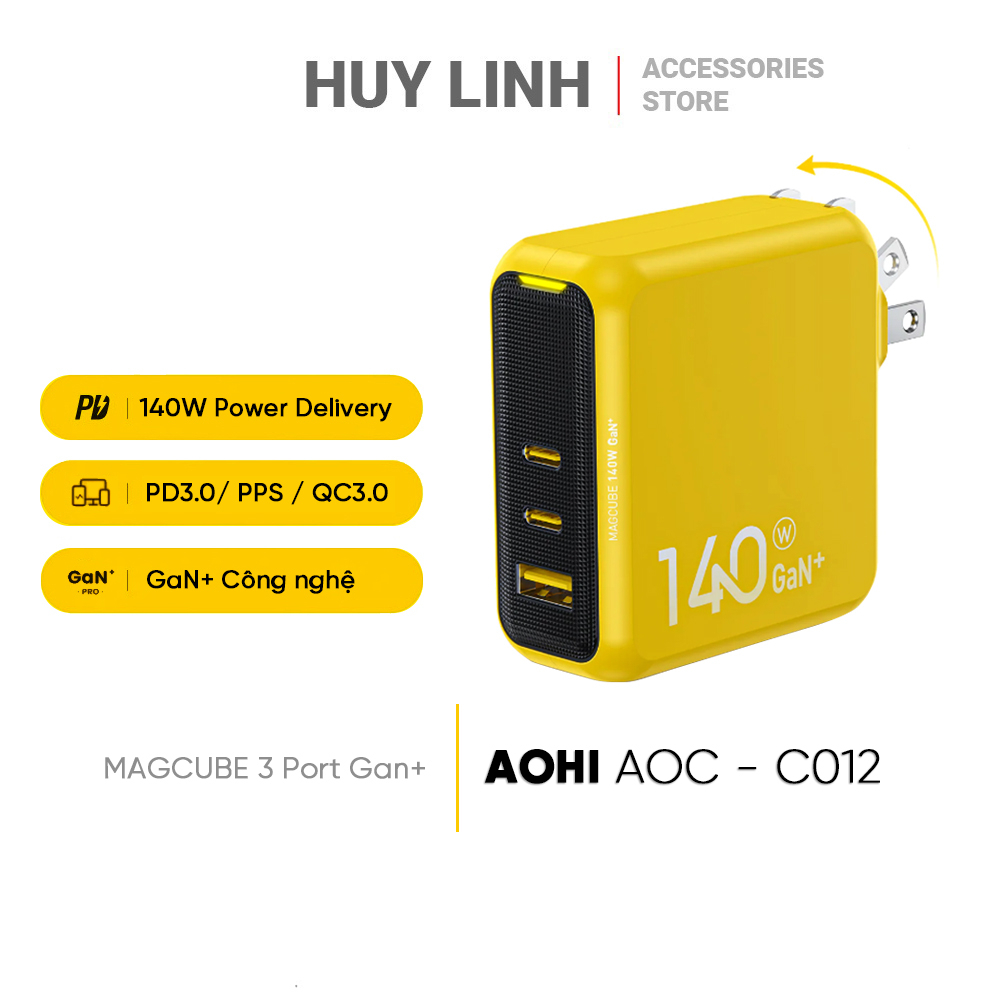 Củ sạc nhanh AOHI Magcube 140W USB C Charger GaN AOC - C012 tích hợp 2 cổng Type-C và 1 USB-A