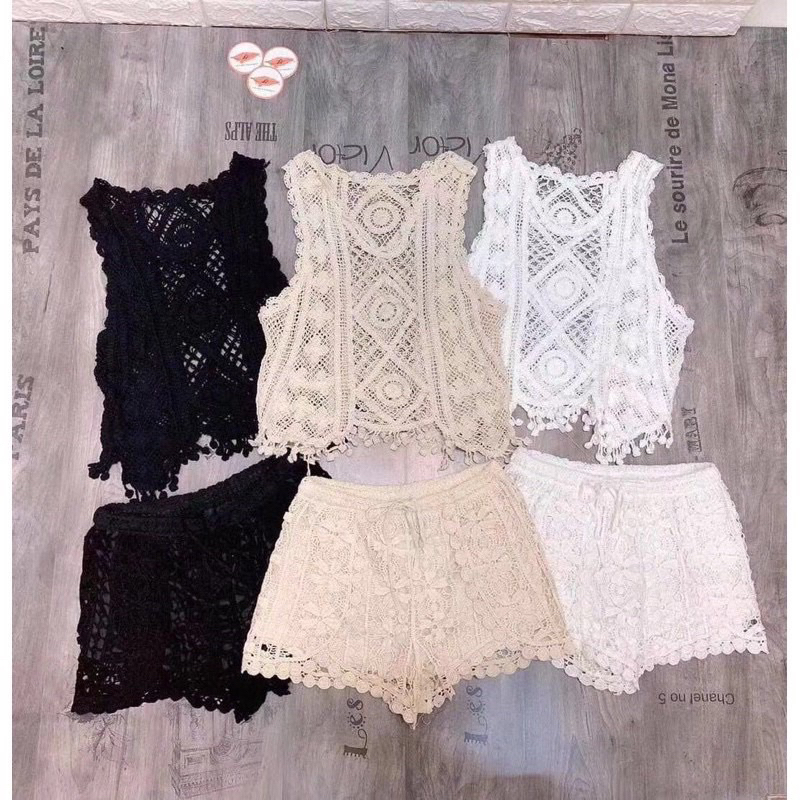 Set Ren Lưới Áo Sát Nách Tua Rua Mix Quần Short Ren