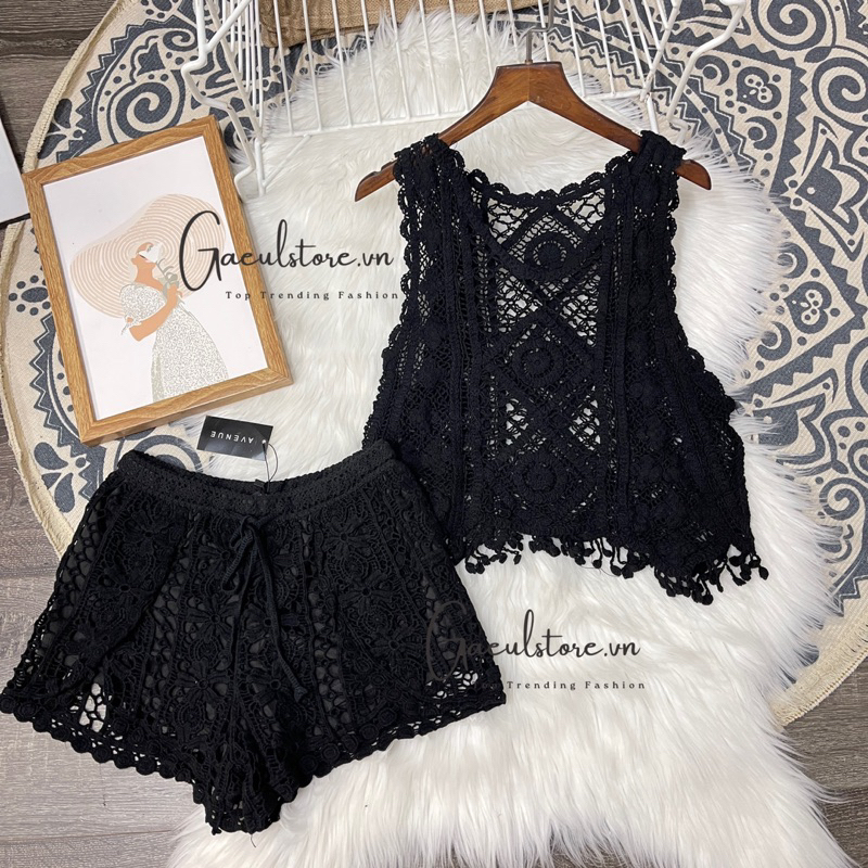 Set Ren Lưới Áo Sát Nách Tua Rua Mix Quần Short Ren