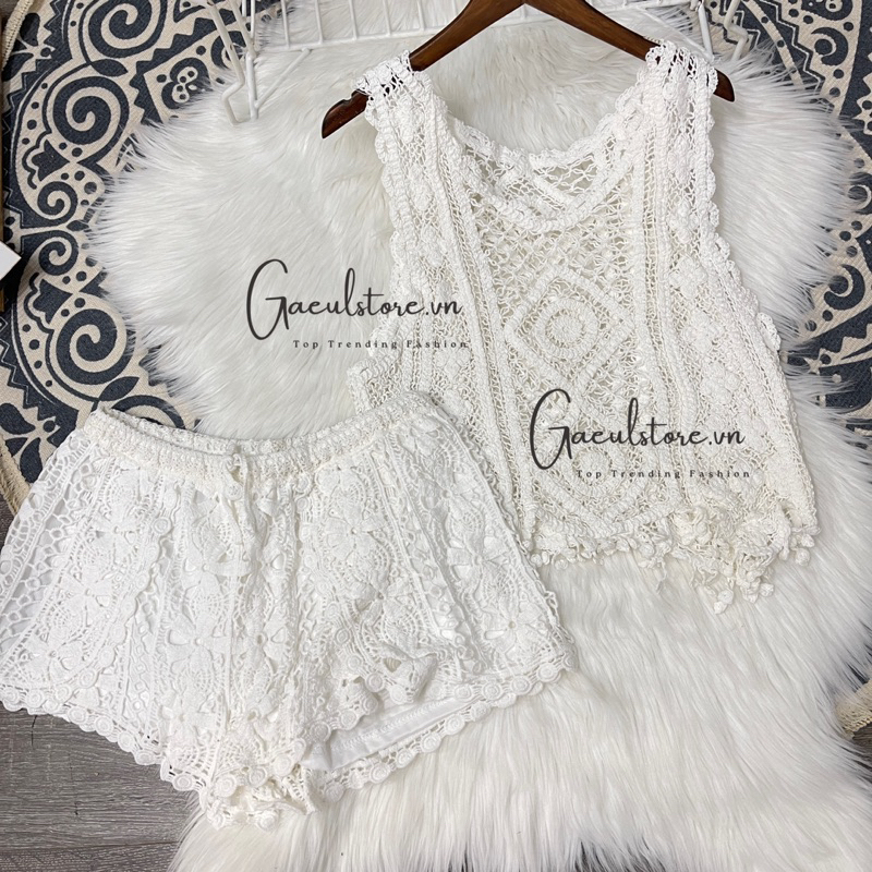 Set Ren Lưới Áo Sát Nách Tua Rua Mix Quần Short Ren