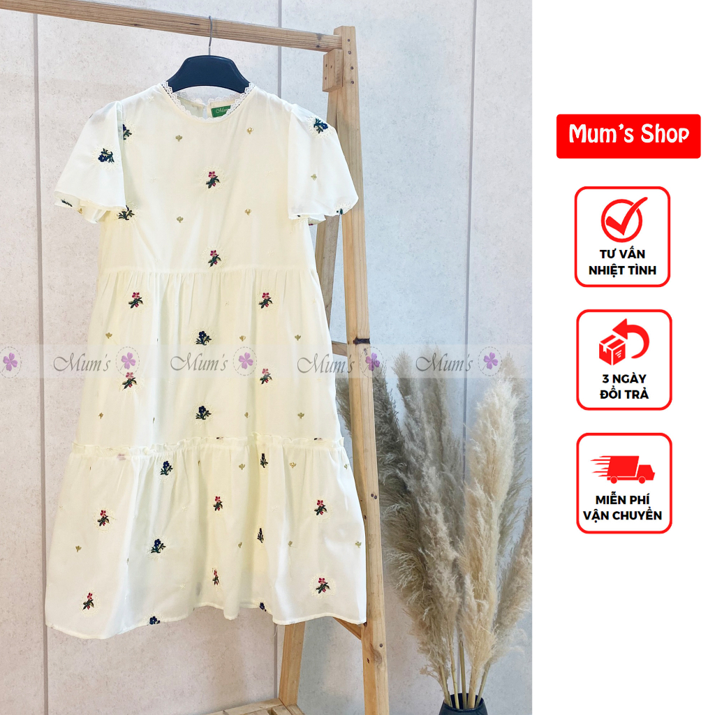 ĐẦM BẦU MUM'SHOP VT138 Thô thêu hoa tay bồng 3 tầng
