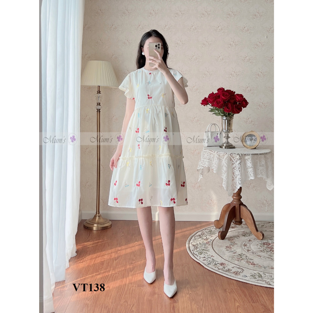 ĐẦM BẦU MUM'SHOP VT138 Thô thêu hoa tay bồng 3 tầng
