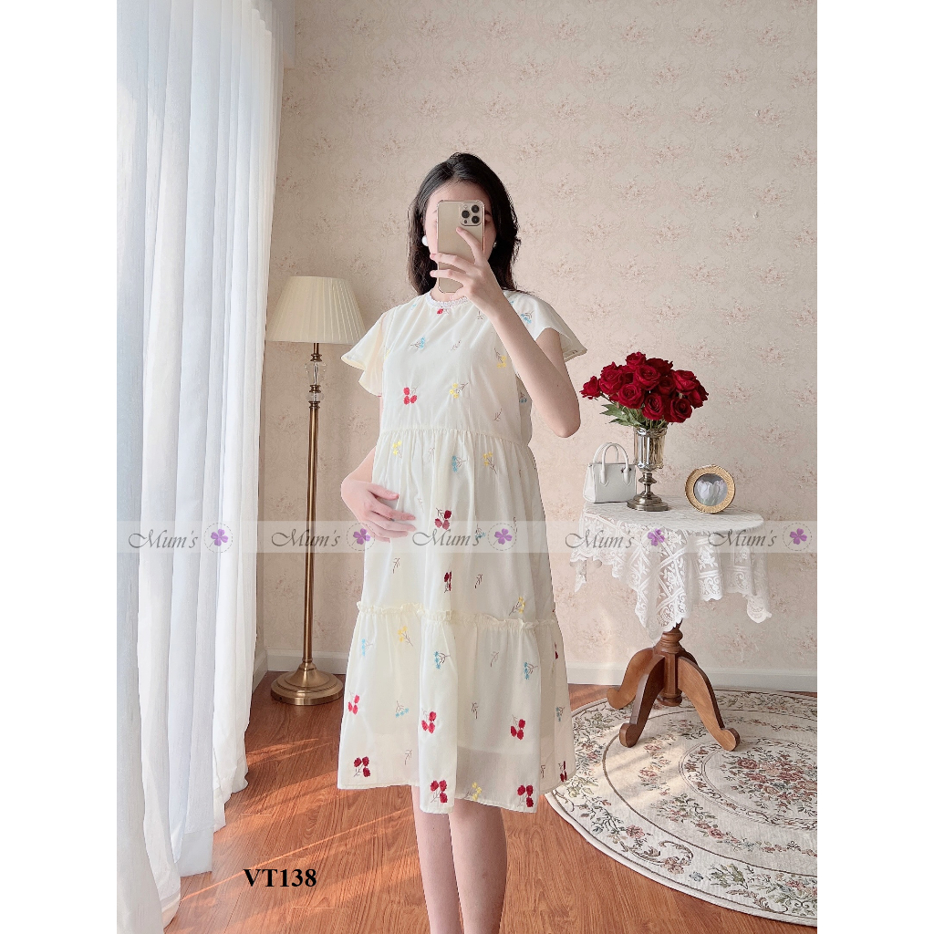 ĐẦM BẦU MUM'SHOP VT138 Thô thêu hoa tay bồng 3 tầng