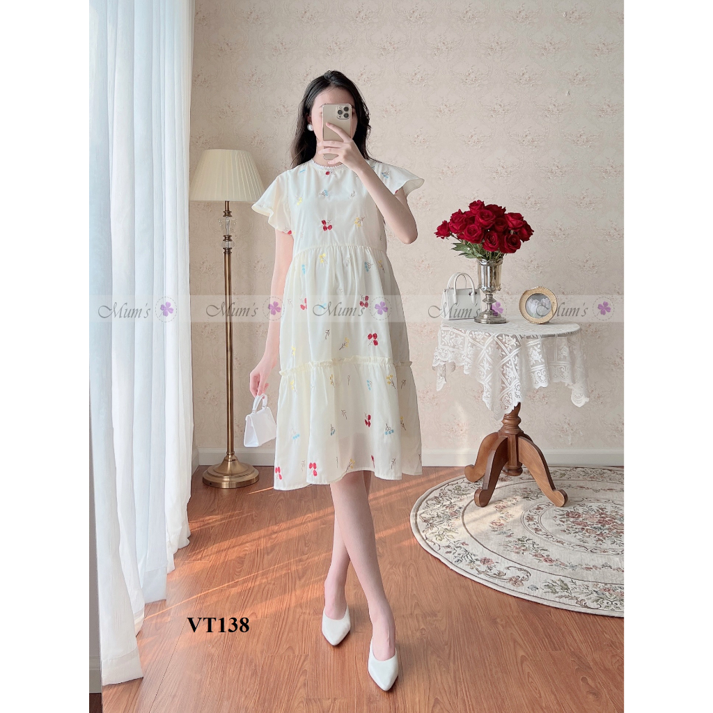 ĐẦM BẦU MUM'SHOP VT138 Thô thêu hoa tay bồng 3 tầng