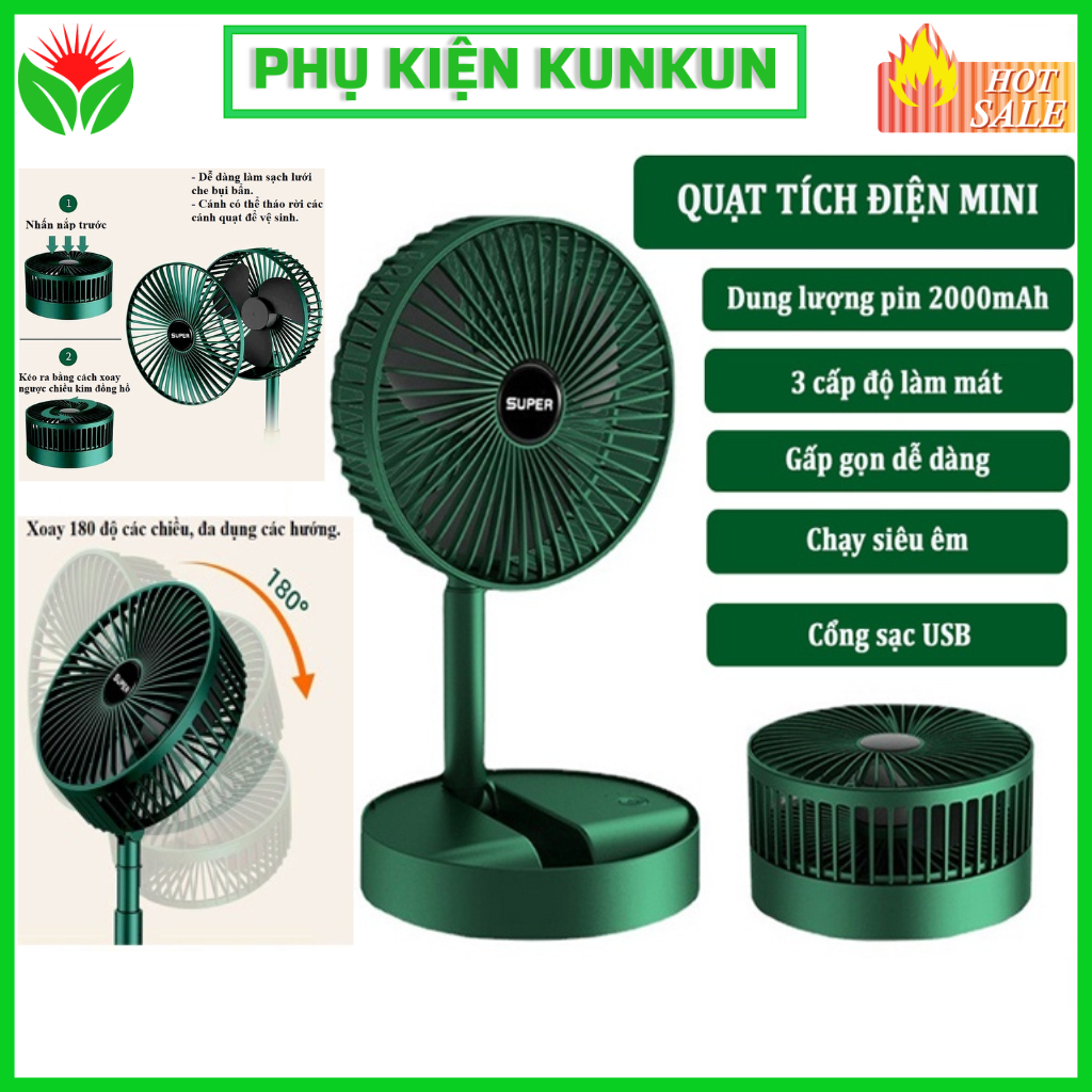 Quạt Tích Điện Để Bàn Gấp Gọn Super Có Thể Điều Chỉnh Độ Cao , 3 Tốc Độ Gió, Cổng Sạc USB Xoay 180 Độ Siêu Tiện Lợi