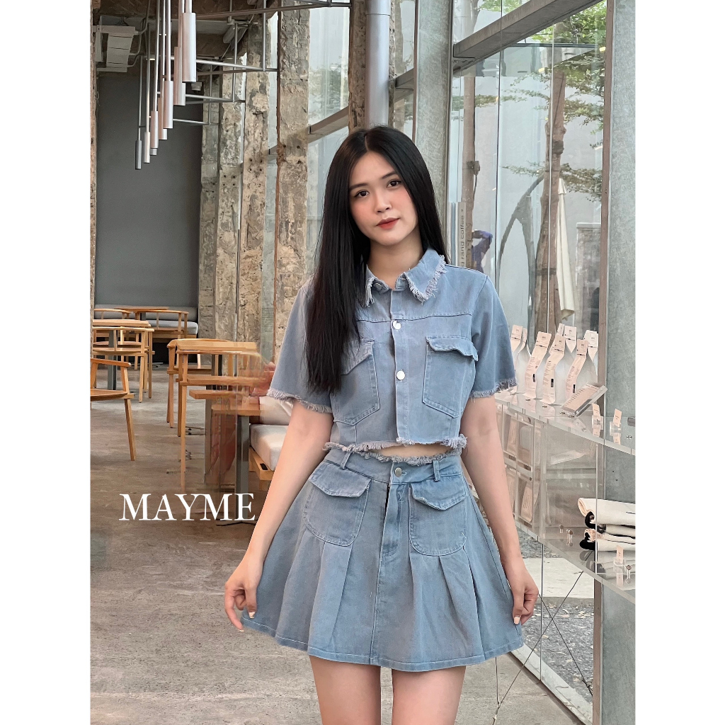 Set jean áo croptop vạt tua rua kết hợp chân váy xếp ly siêu dày dặn MAYME