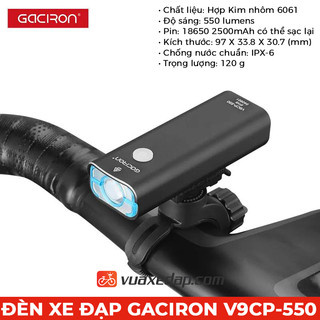 Đèn trước xe đạp gaciron v9cp-550 hợp kim nhôm 6061, xoay 360 độ, pin 18650 2500mah có thể sạc lại, chống nước ipx6,