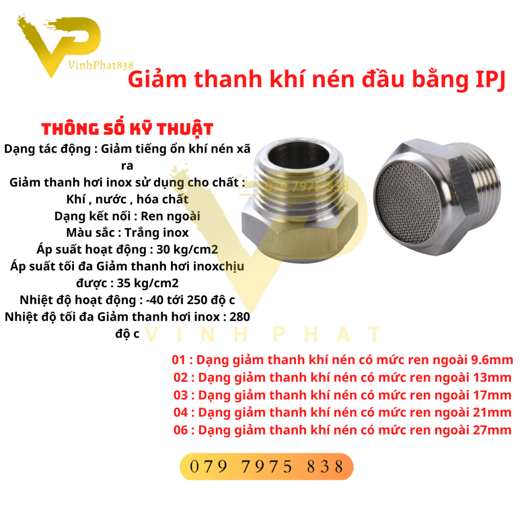 Mua Giảm thanh khí nén đầu bằng inox 304- giảm thanh đầu bằng inox IPJ ...