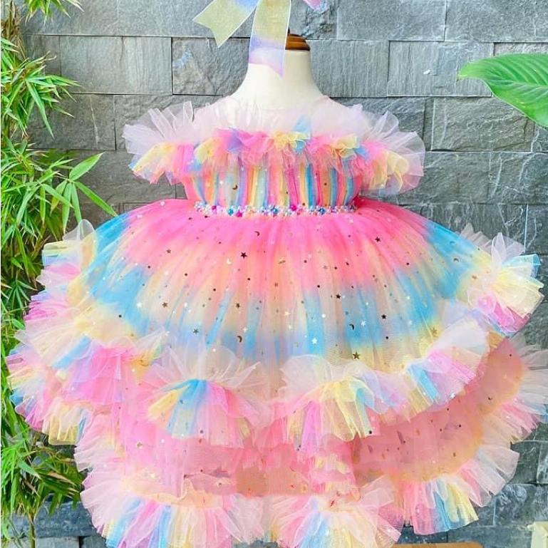 Váy 2 Dây Trễ Vai Đám Mây Ren Xoè, Size 7-25Kg Siêu Xinh Cho Bé Đi Tiệc, Chụp Ảnh