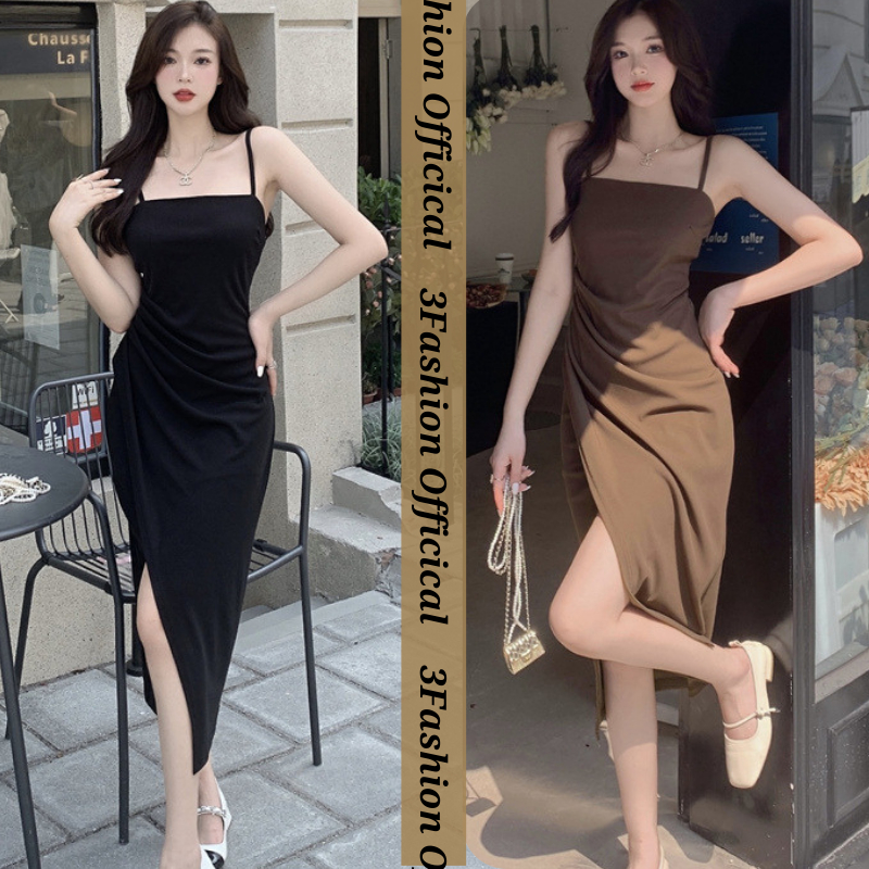 Đầm nữ thiết kế dự tiệc chiết eo sẻ tà hai dây chất liệu cát Hàn 3FASHION - D04